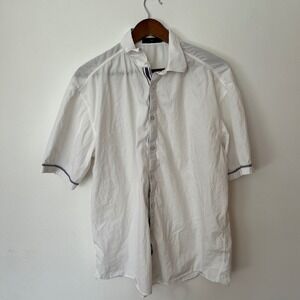 Z Zegna Mens White Cotton Short Sleeve Button Down Shirt XL Striped Trim Luxury